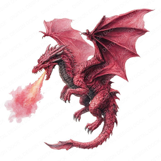 Watercolour Fire Breathing Dragon Clipart Set (DDD007113)