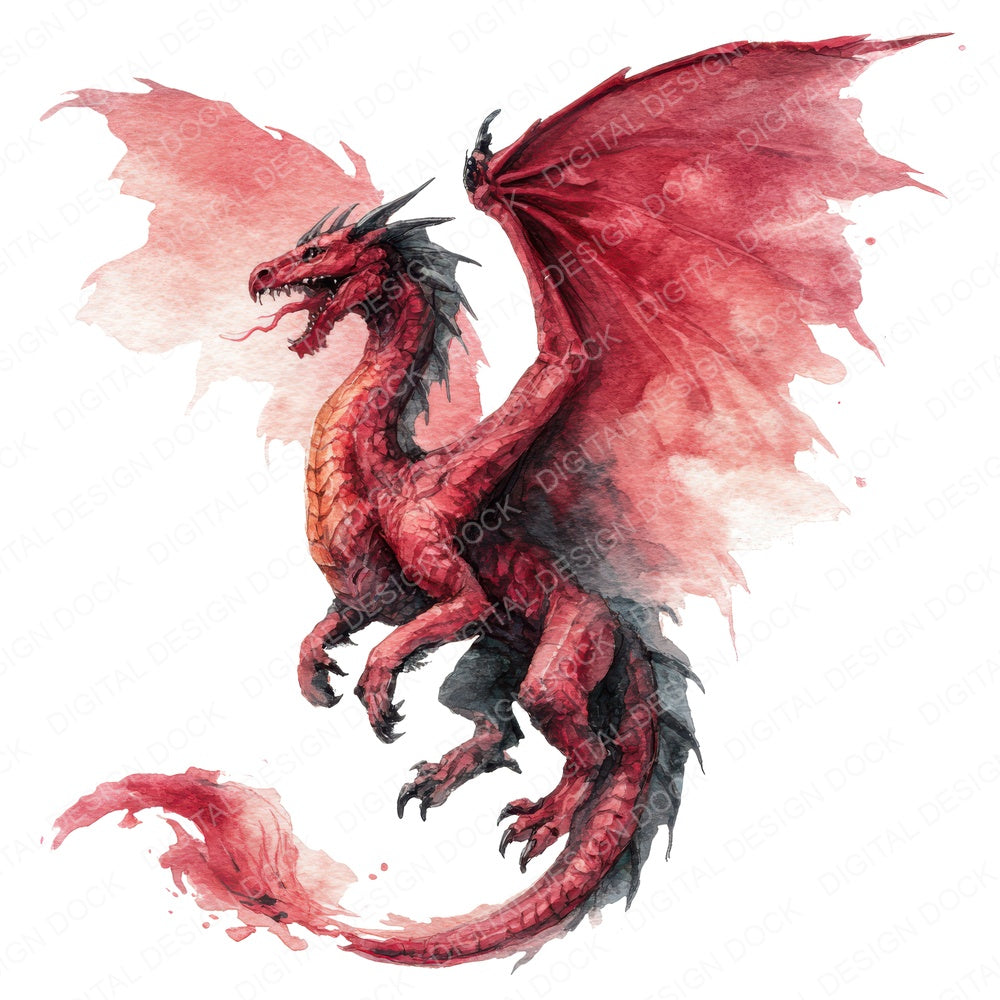 Watercolour Fire Breathing Dragon fussy cut sheet in US Letter format showing all 12 designs on one printable page