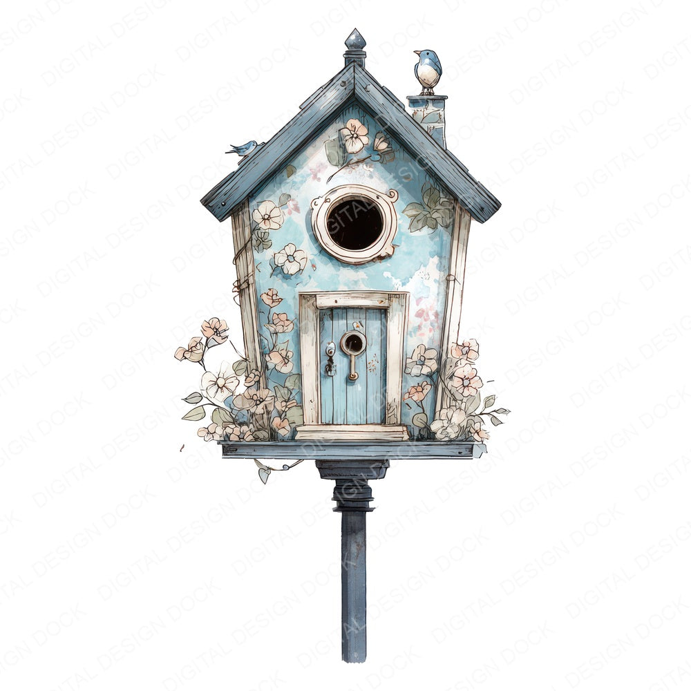 Watercolour Floral Birdhouse fussy cut sheet in A4 format showing all 12 designs on one printable page