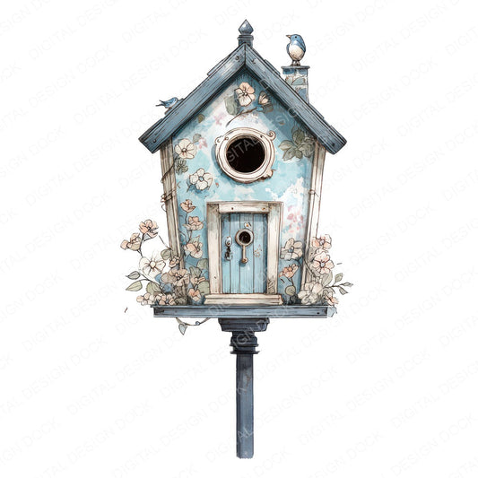 Watercolour Floral Birdhouse fussy cut sheet in A4 format showing all 12 designs on one printable page