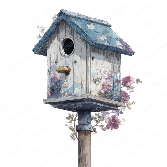 Watercolour Floral Birdhouse fussy cut sheet in US Letter format showing all 12 designs on one printable page