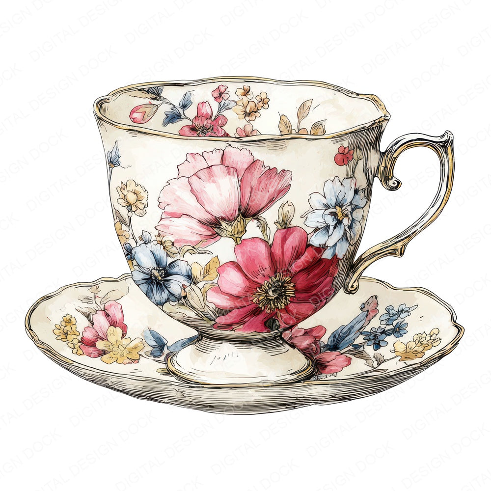 Watercolour Floral China Teacup fussy cut sheet in A4 format showing all 12 designs on one printable page