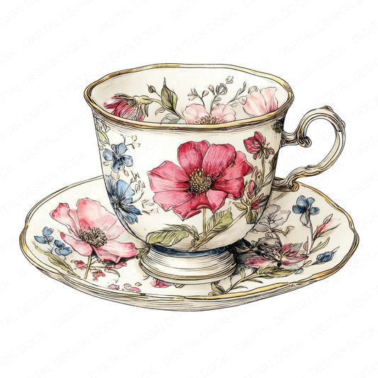 Watercolour Floral China Teacup fussy cut sheet in US Letter format showing all 12 designs on one printable page