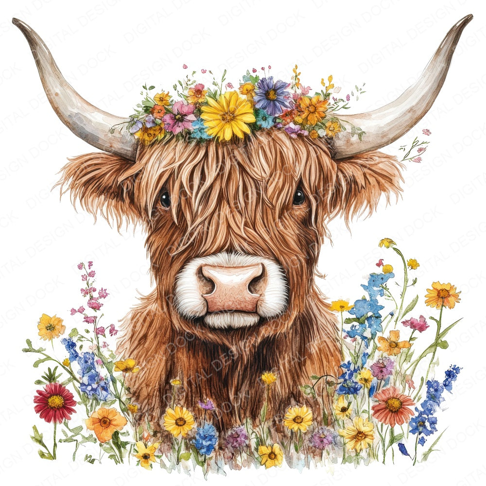 Watercolour Floral Highland Cow fussy cut sheet in A4 format showing all 12 designs on one printable page