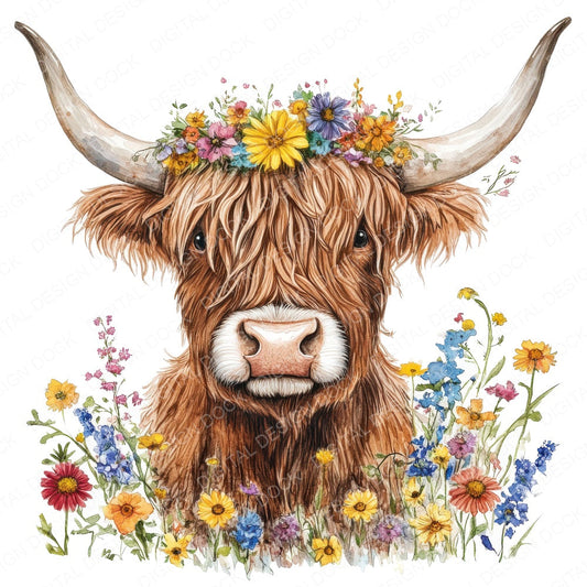 Watercolour Floral Highland Cow fussy cut sheet in A4 format showing all 12 designs on one printable page