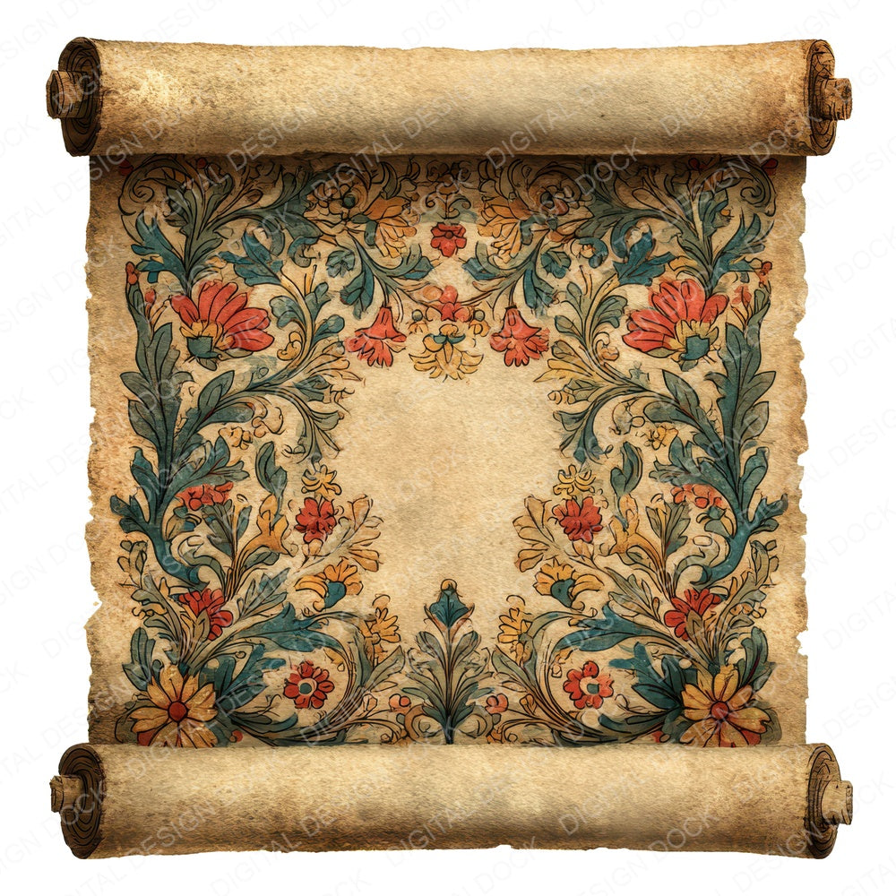 Watercolour Floral Medieval Scroll fussy cut sheet in US Letter format showing all 12 designs on one printable page
