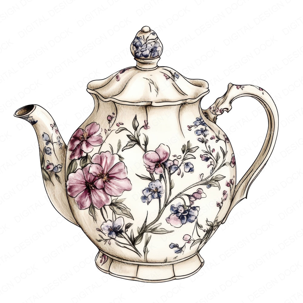 Watercolour Floral Teapot fussy cut sheet in A4 format showing all 12 designs on one printable page