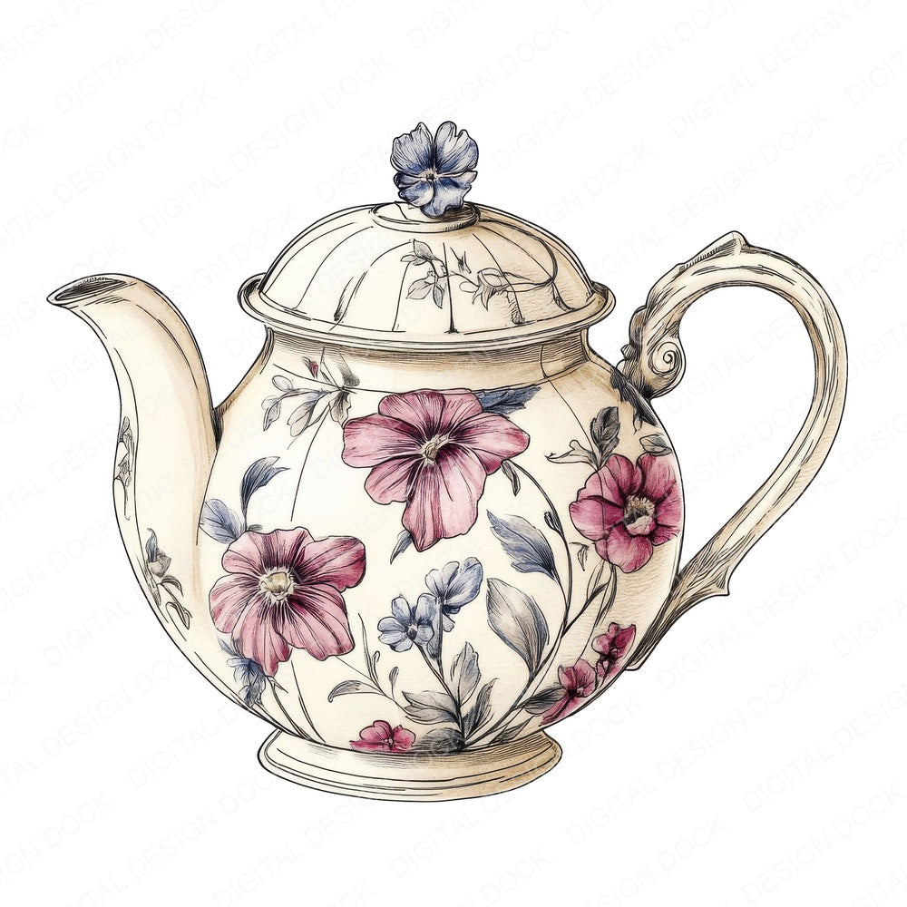 Watercolour Floral Teapot fussy cut sheet in US Letter format showing all 12 designs on one printable page