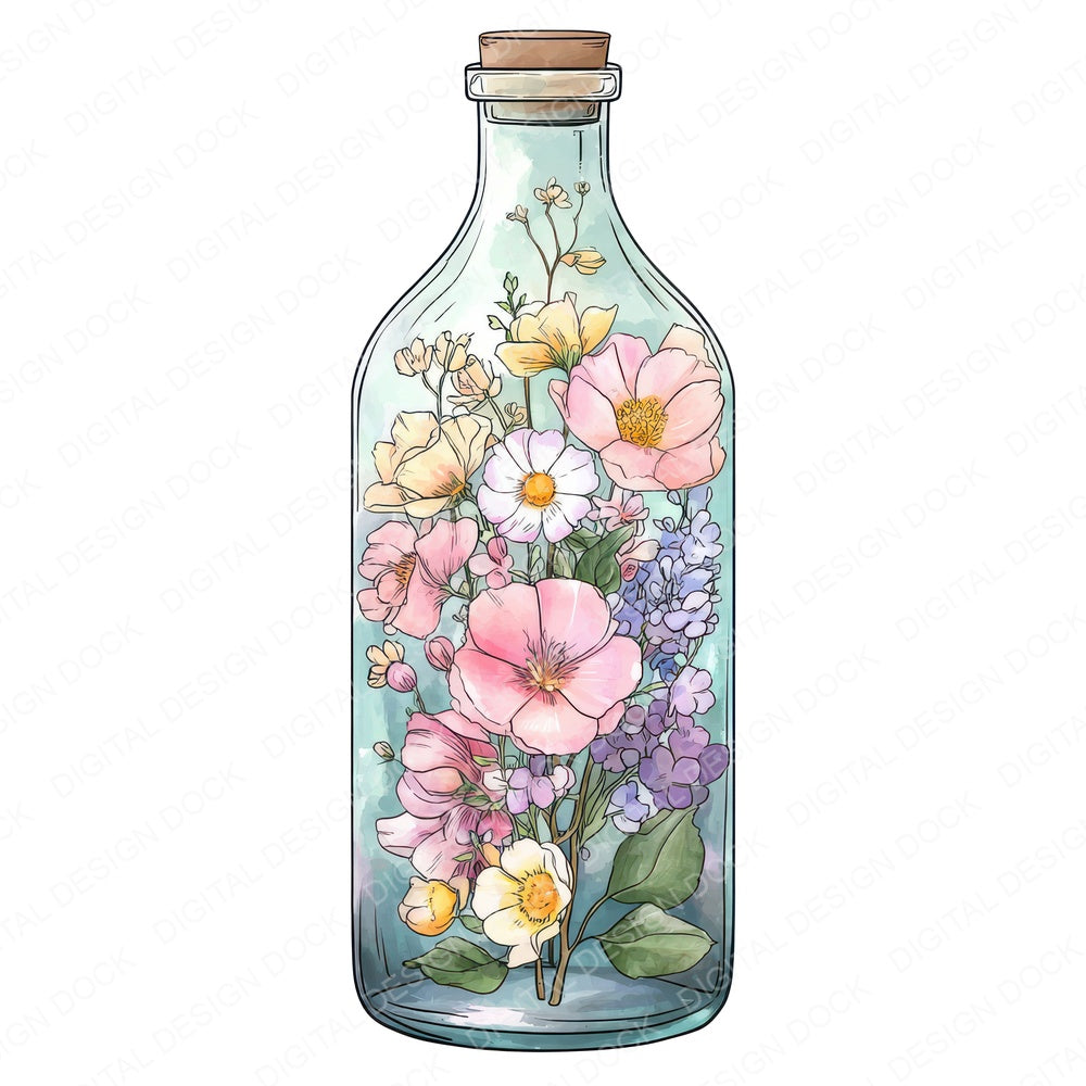 Watercolour Flower Bottle fussy cut sheet in A4 format showing all 12 designs on one printable page