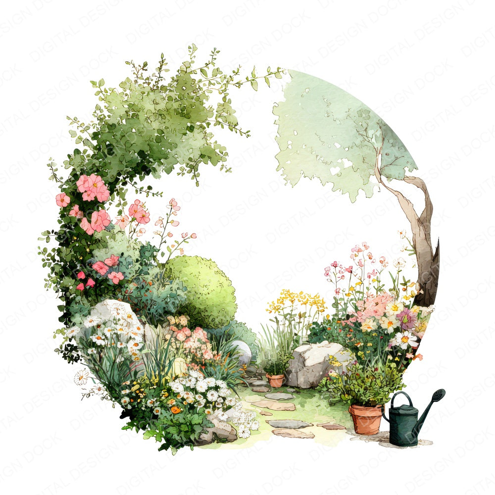 Watercolour Garden Circle Clipart Set (DDD008705)