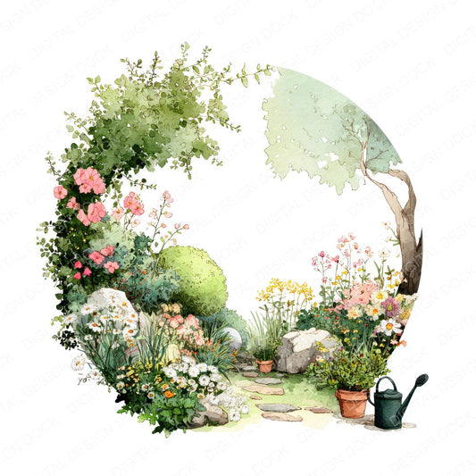 Watercolour Garden Circle Clipart Set (DDD008705)