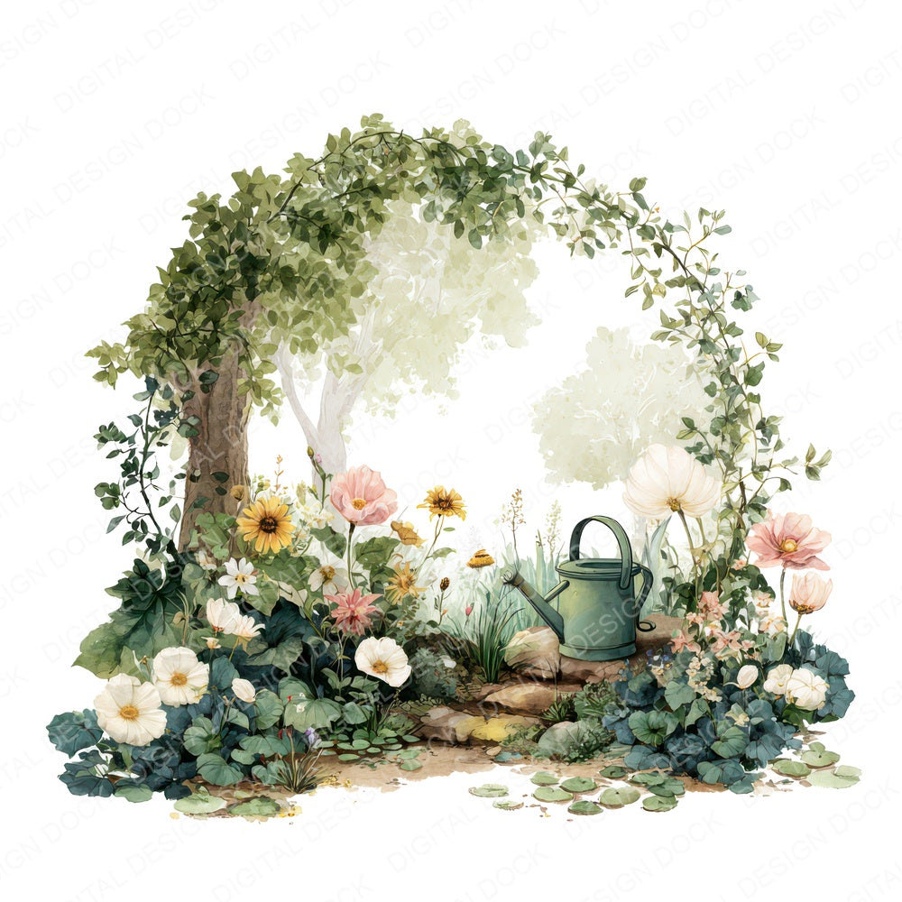 Watercolour Garden Circle fussy cut sheet in US Letter format showing all 12 designs on one printable page