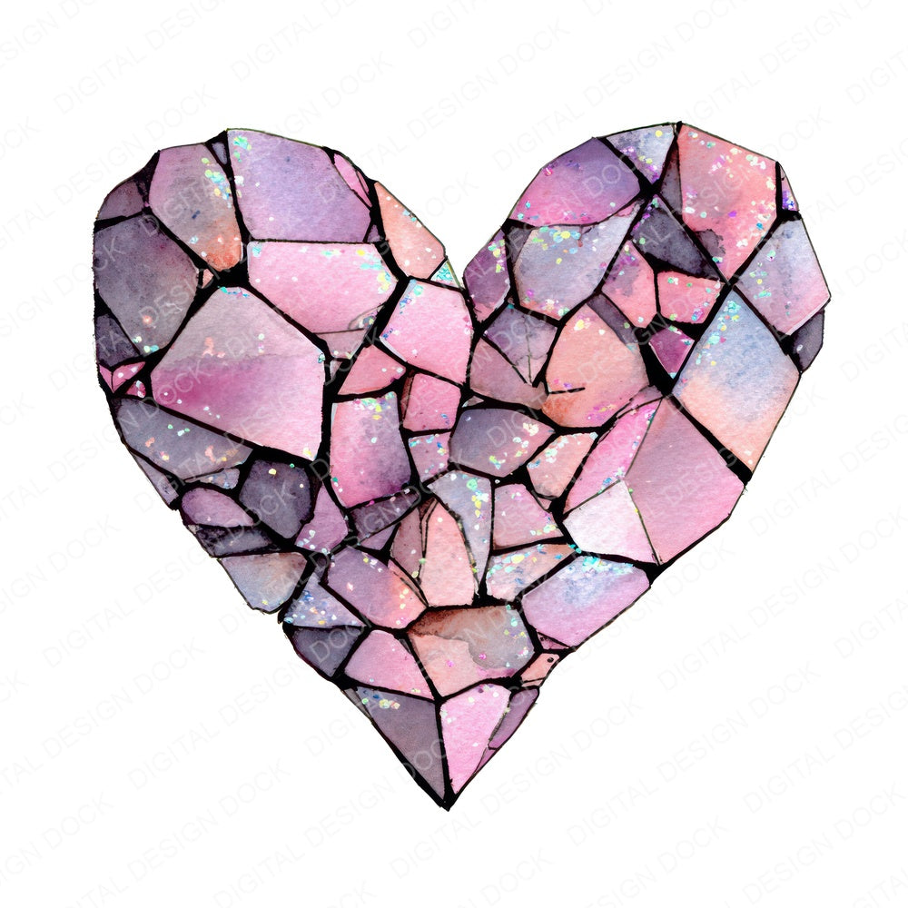 Watercolour Gem Heart fussy cut sheet in US Letter format showing all 12 designs on one printable page