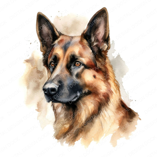 Watercolour German Shepherd fussy cut sheet in A4 format showing all 12 designs on one printable page