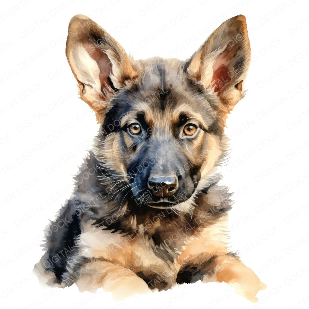 Watercolour German Shepherd fussy cut sheet in US Letter format showing all 12 designs on one printable page