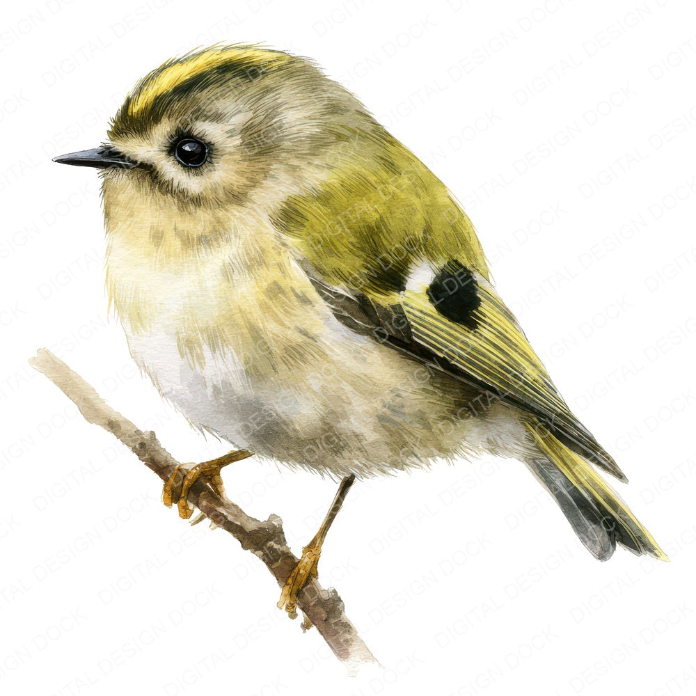 Watercolour Goldcrest Bird fussy cut sheet in A4 format showing all 12 designs on one printable page