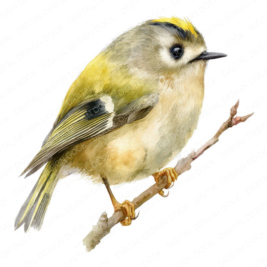 Watercolour Goldcrest Bird fussy cut sheet in US Letter format showing all 12 designs on one printable page