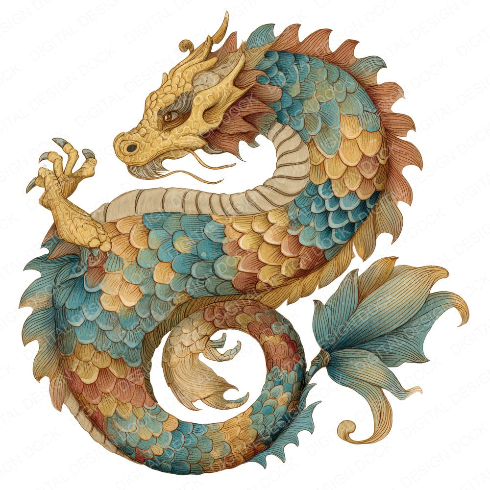 Watercolour Golden Dragon fussy cut sheet in A4 format showing all 12 designs on one printable page