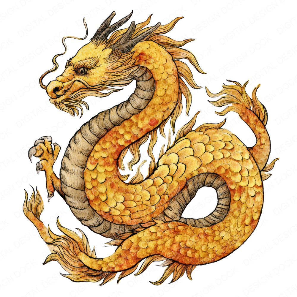 Watercolour Golden Dragon fussy cut sheet in US Letter format showing all 12 designs on one printable page