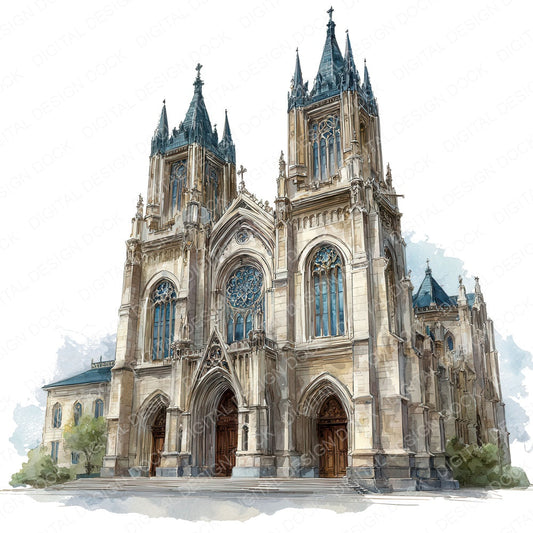 Watercolour Gothic Cathedral fussy cut sheet in A4 format showing all 12 designs on one printable page