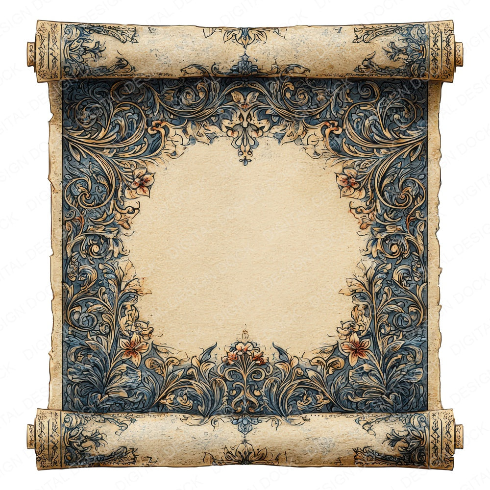 Watercolour Gothic Medieval Scroll fussy cut sheet in A4 format showing all 12 designs on one printable page