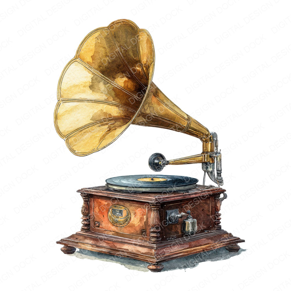 Watercolour Gramophone fussy cut sheet in A4 format showing all 12 designs on one printable page