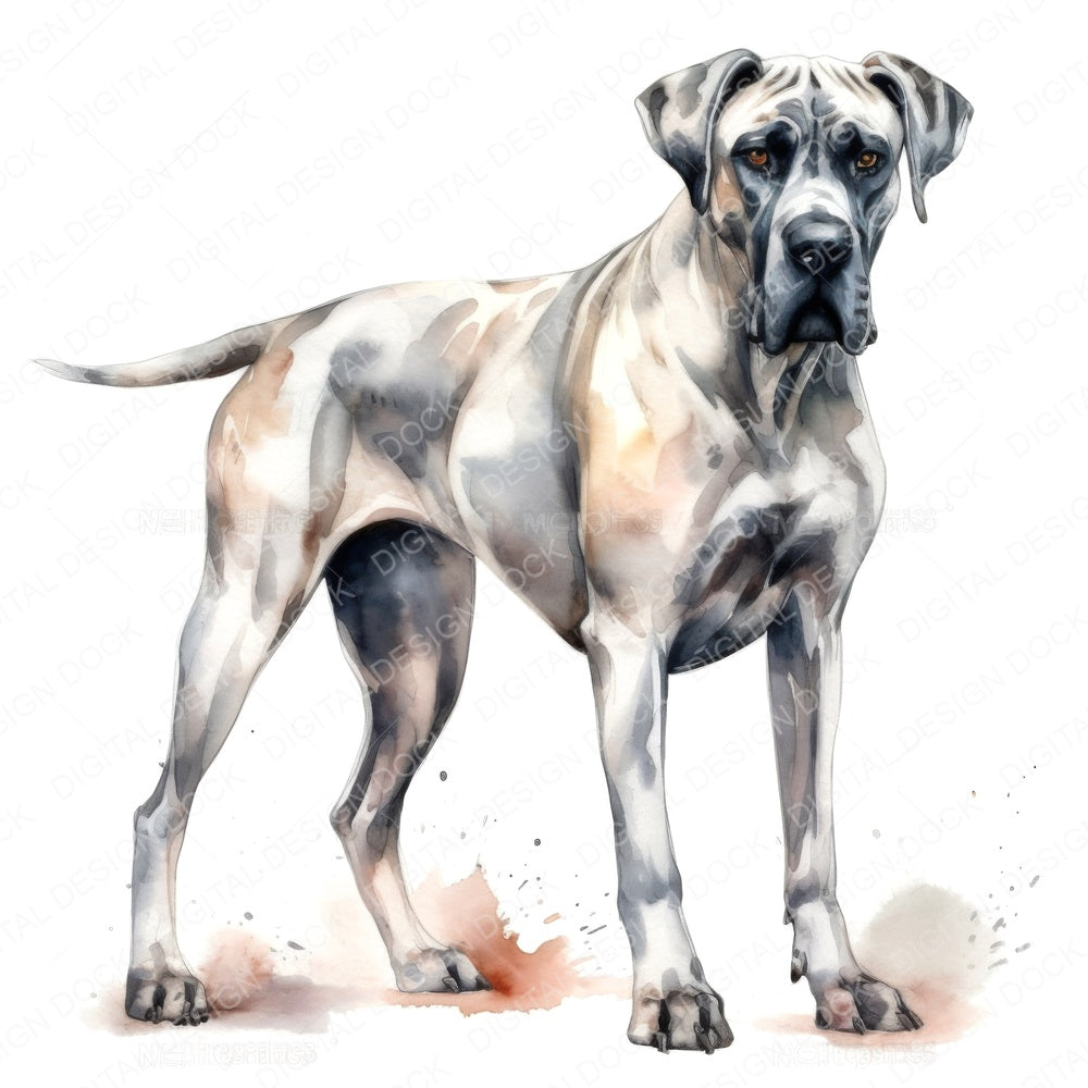 Watercolour Great Dane fussy cut sheet in A4 format showing all 12 designs on one printable page