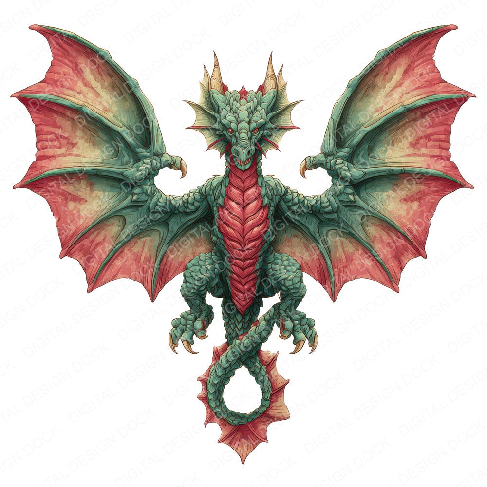 Watercolour Green Red Dragon fussy cut sheet in US Letter format showing all 12 designs on one printable page