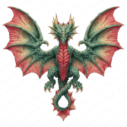 Watercolour Green Red Dragon fussy cut sheet in US Letter format showing all 12 designs on one printable page