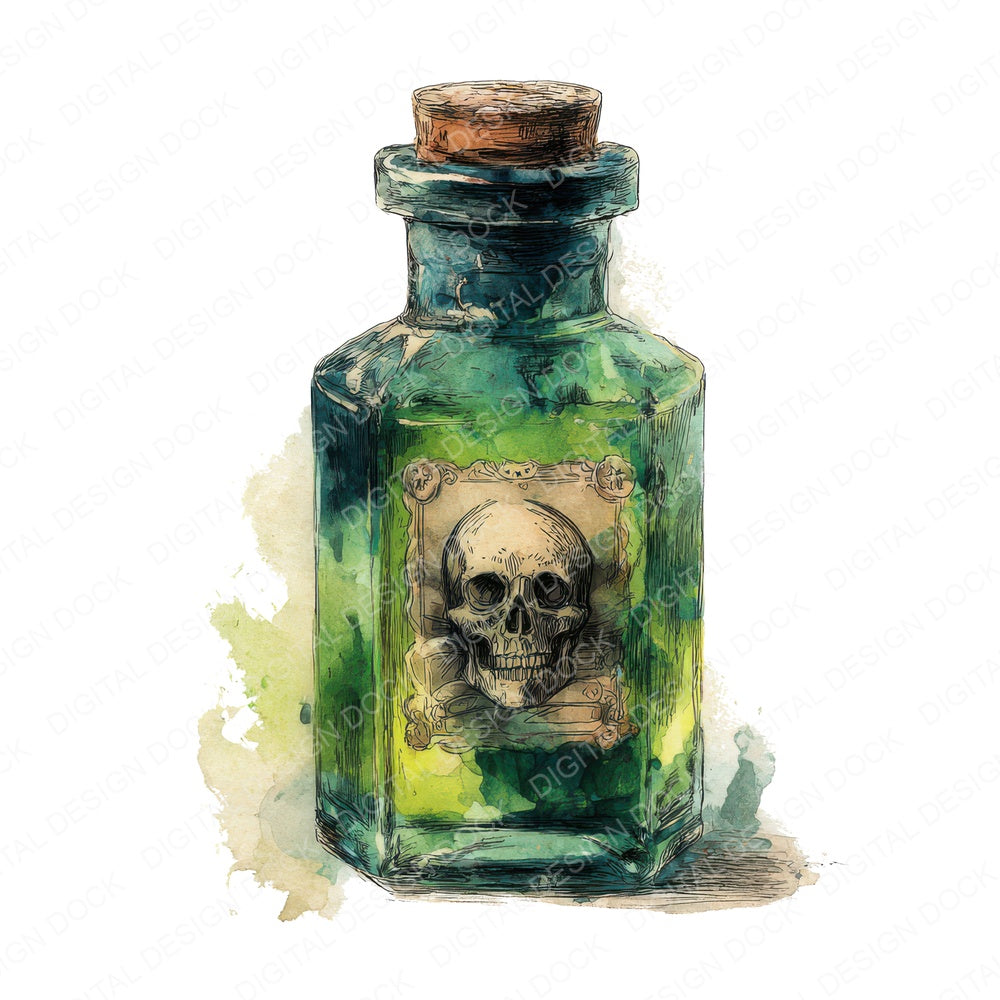 Watercolour Halloween Poison Bottle fussy cut sheet in US Letter format showing all 12 designs on one printable page