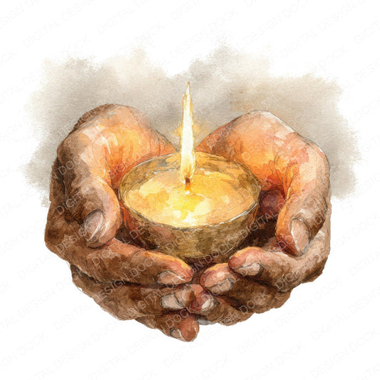 Watercolour Hands with Candle fussy cut sheet in A4 format showing all 12 designs on one printable page