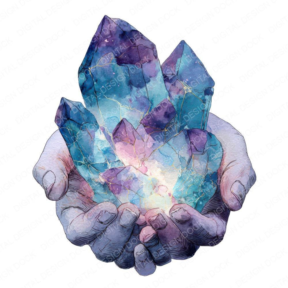Watercolour Hands with Crystal fussy cut sheet in A4 format showing all 12 designs on one printable page