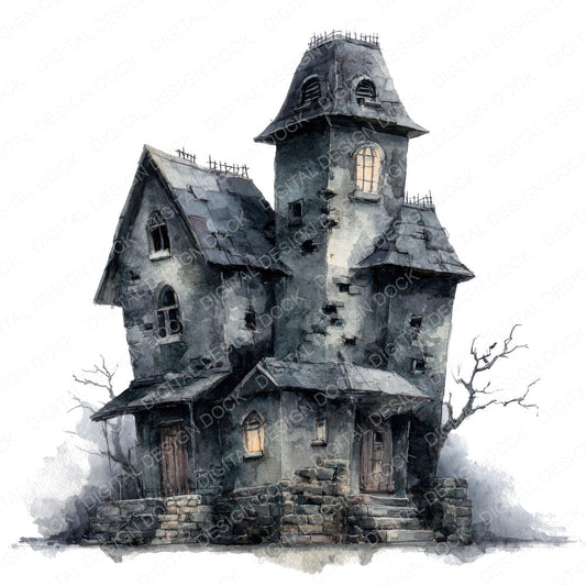 Watercolour Haunted House fussy cut sheet in A4 format showing all 12 designs on one printable page