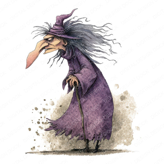 Watercolour Haunted Witch fussy cut sheet in A4 format showing all 12 designs on one printable page