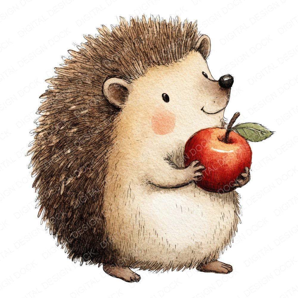 Watercolour Hedgehog Apple fussy cut sheet in A4 format showing all 12 designs on one printable page