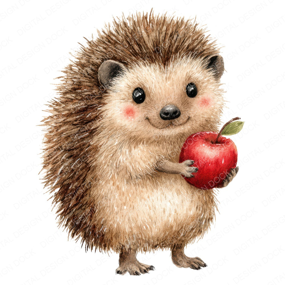 Watercolour Hedgehog Apple fussy cut sheet in US Letter format showing all 12 designs on one printable page