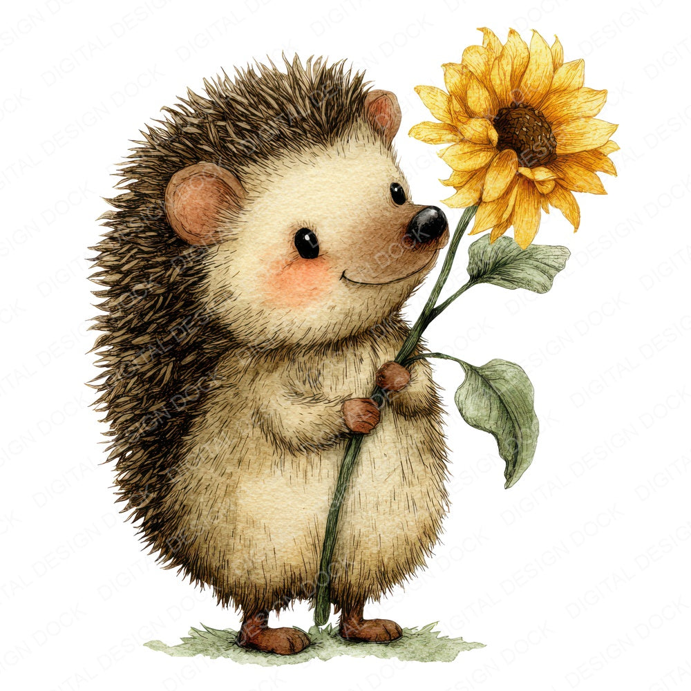 Watercolour Hedgehog Sunflower fussy cut sheet in A4 format showing all 12 designs on one printable page