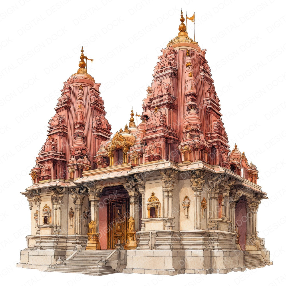 Watercolour Hindu Temple fussy cut sheet in A4 format showing all 12 designs on one printable page