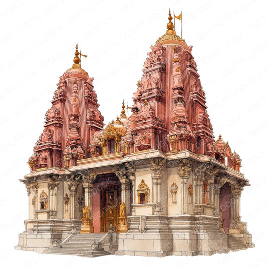 Watercolour Hindu Temple fussy cut sheet in A4 format showing all 12 designs on one printable page