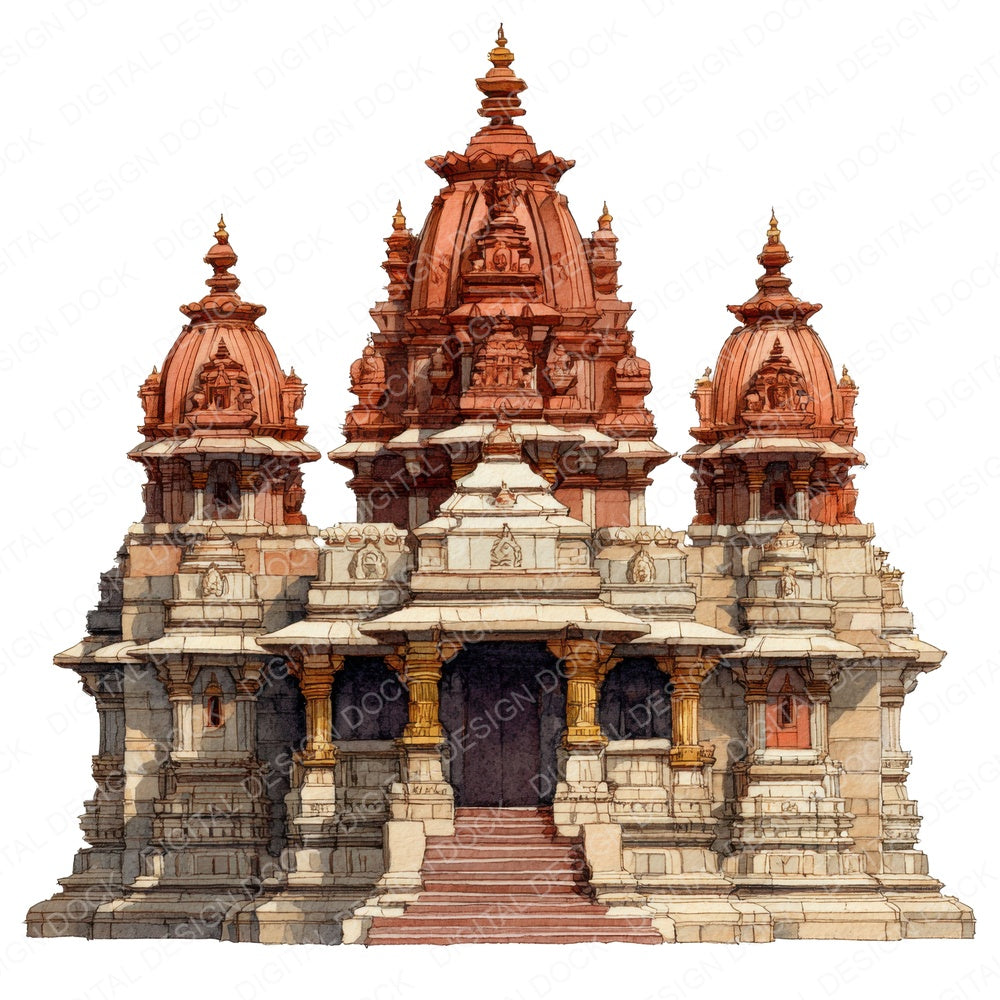 Watercolour Hindu Temple fussy cut sheet in US Letter format showing all 12 designs on one printable page