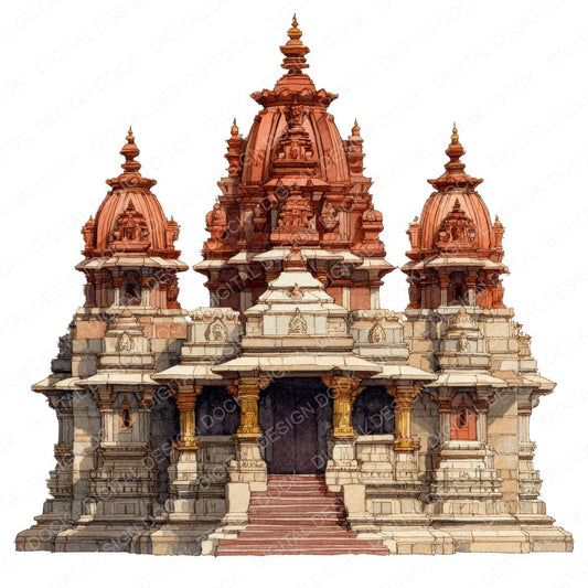 Watercolour Hindu Temple fussy cut sheet in US Letter format showing all 12 designs on one printable page