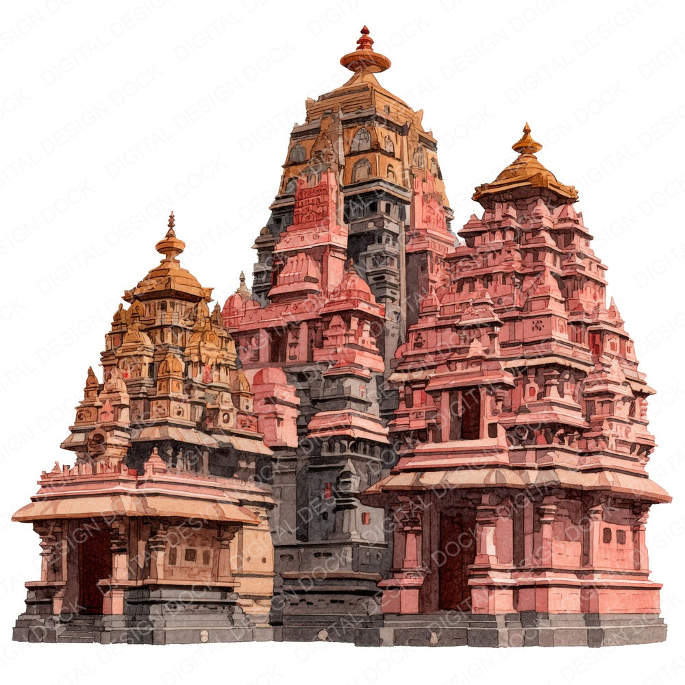 Watercolour Hindu Temple Building fussy cut sheet in A4 format showing all 12 designs on one printable page