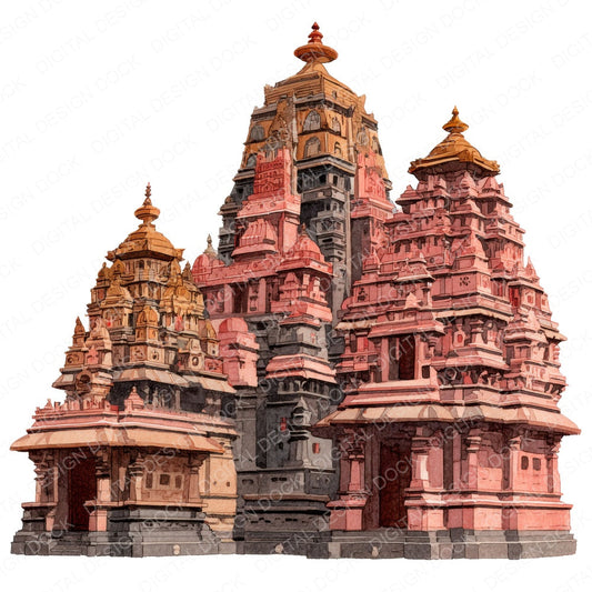 Watercolour Hindu Temple Building fussy cut sheet in A4 format showing all 12 designs on one printable page