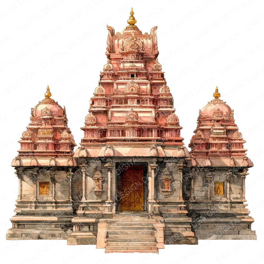Watercolour Hindu Temple Building fussy cut sheet in US Letter format showing all 12 designs on one printable page