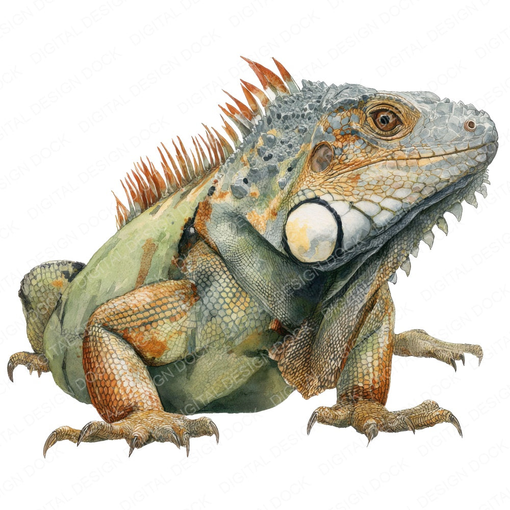 Watercolour Iguana fussy cut sheet in A4 format showing all 12 designs on one printable page