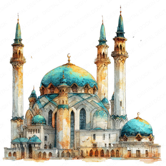 Watercolour Islamic Mosque fussy cut sheet in A4 format showing all 12 designs on one printable page