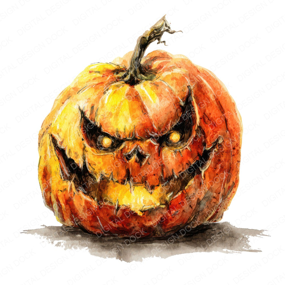 Watercolour Jack O Lantern fussy cut sheet in A4 format showing all 12 designs on one printable page