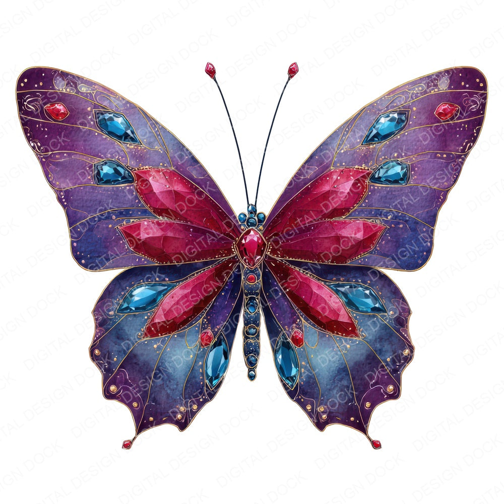 Watercolour Jewelled Butterfly fussy cut sheet in US Letter format showing all 12 designs on one printable page