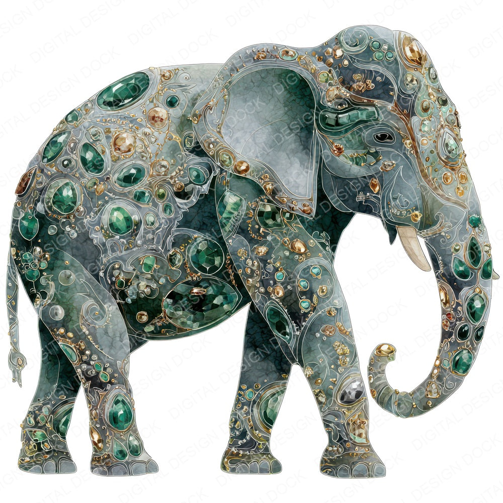 Watercolour Jewelled Elephant fussy cut sheet in A4 format showing all 12 designs on one printable page