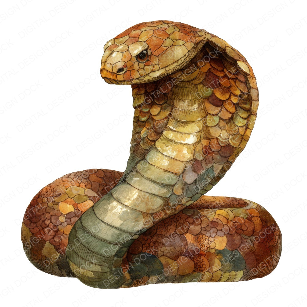 Watercolour King Cobra fussy cut sheet in A4 format showing all 12 designs on one printable page